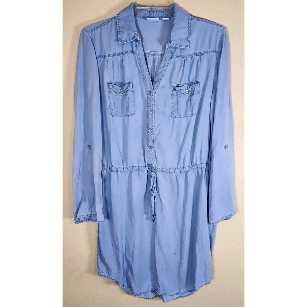 CATO Shirt Dress Womens Small Light Blue Chambray Roll Tab Sleeve Pockets Flowy